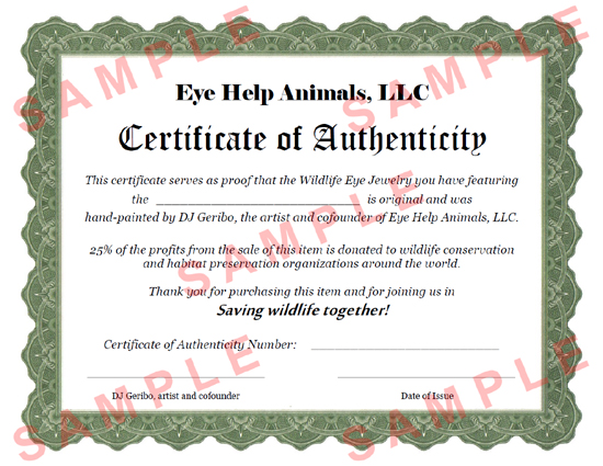 Sample Eye Help Animals Certificate of Authenticity